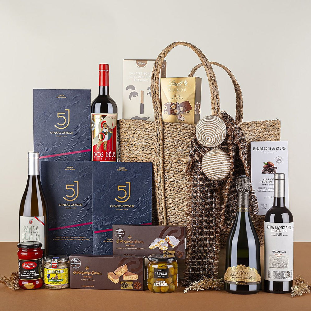 Cesta de Navidad Gourmet con Loncheados Cinco Jotas y Selección de Vinos