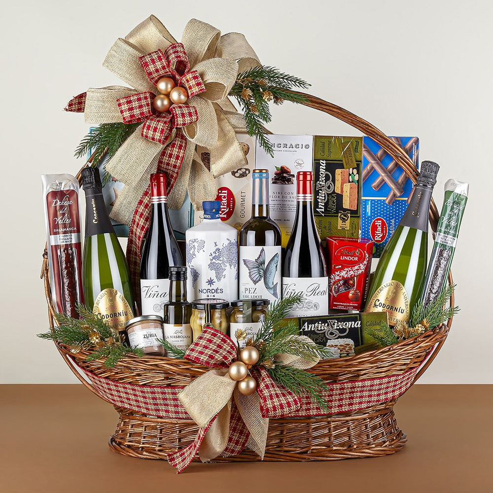 Cesta de Navidad Selección Gourmet con Ginebra Nordés y Turrones Antiu Xixona