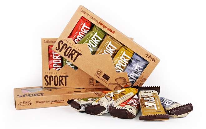 Caisse de 5 barres de nougat dur naturel aux amandes Vicens Sport