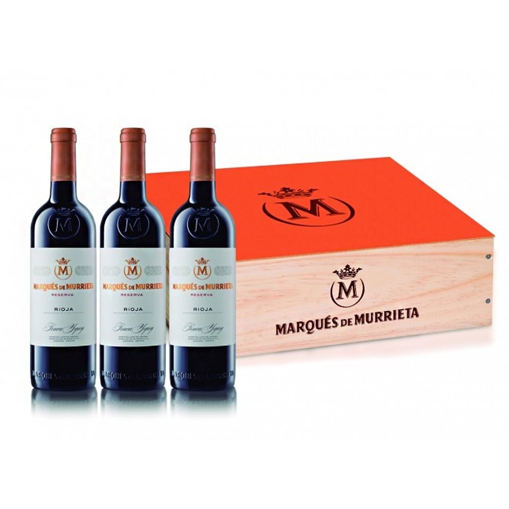 Wooden box with 3 bottles of Marqués de Murrieta Reserva