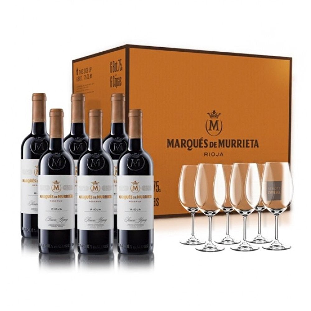 Special case with 6 Marqués de Murrieta Reserva bottles and 6 wine glasses