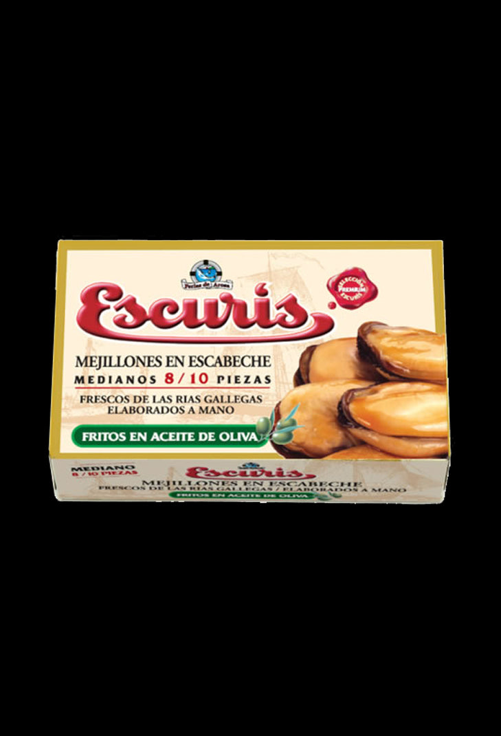 Can of ESCURIS mussels in olive oil 8/10 pieces