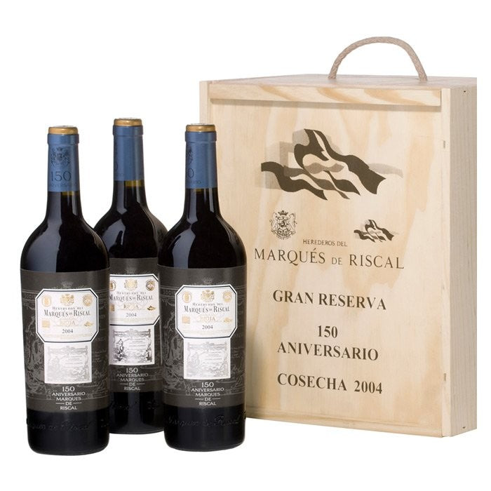 Wooden box of 3 bottles of Marqués de Riscal 150th Anniversary 2010